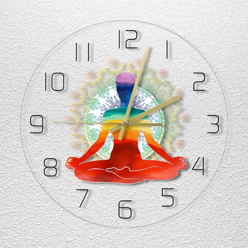 Rainbow Watercolor Meditation Spiritual Yoga Pose Modern Simple Wall Clock Healthy Zen Scale Round Style Non -Ticking Wall Clock