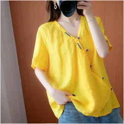 LZJN New 2020 Summer White Yellow Linen Cotton Shirt Tops Casual Dailywear Pullover Blouse for Women/Young Ladies