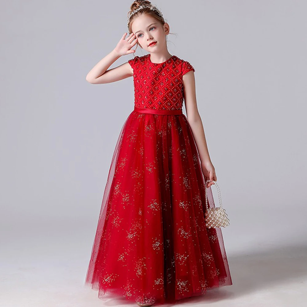 Dideyttawl, vestidos de niña de flores rojas personalizados para Navidad, vestido juvenil, vestidos de princesa brillantes para niña, concierto de desfile de boda