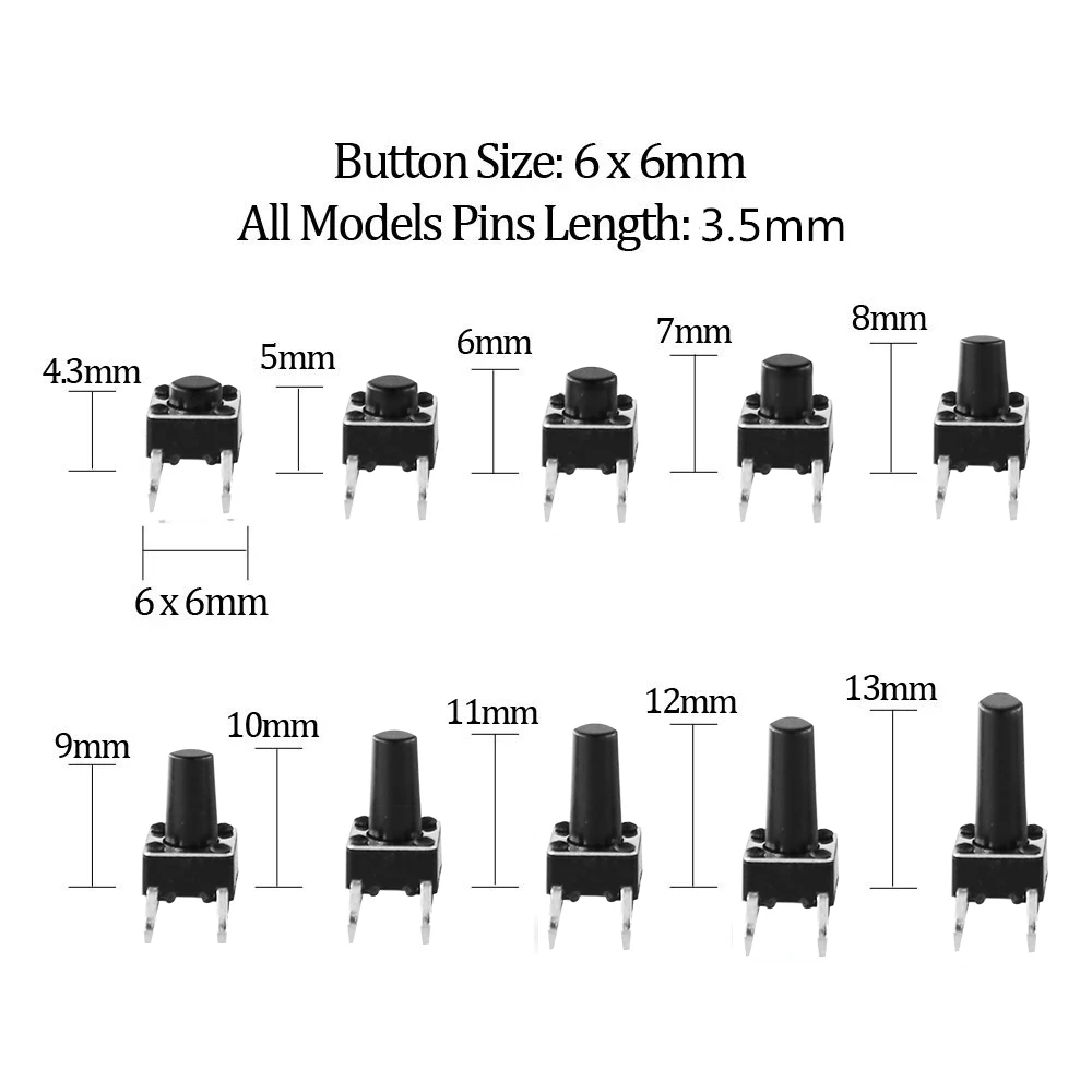 10 Models 100pcs 6*6 Tact Switch Tactile Push Button Switch Kit, Height: 4.3MM~13MM DIP 4P Micro Switch 6x6 Key Switch