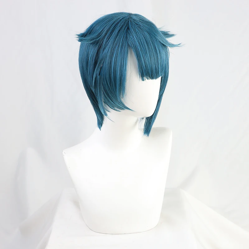 Genshin – perruque synthétique de Cosplay Xingqiu Xing Qiu, courte, bleue, résistante à la chaleur, pour hommes et femmes adultes, bonnet gratuit pour Halloween