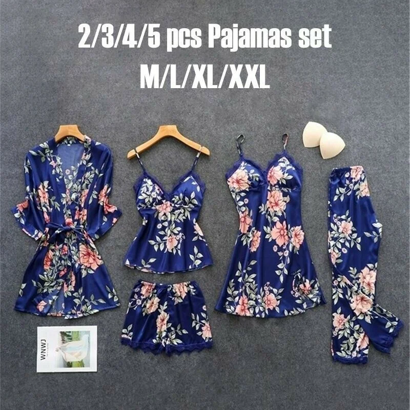 

Kupokasi 2/3/4/5Pcs Women Pajama Silk Floral Overall Print PJ Set Satin Pyjamas Sexy Lace Pyjama Nighties Sleepwear Home Clothes