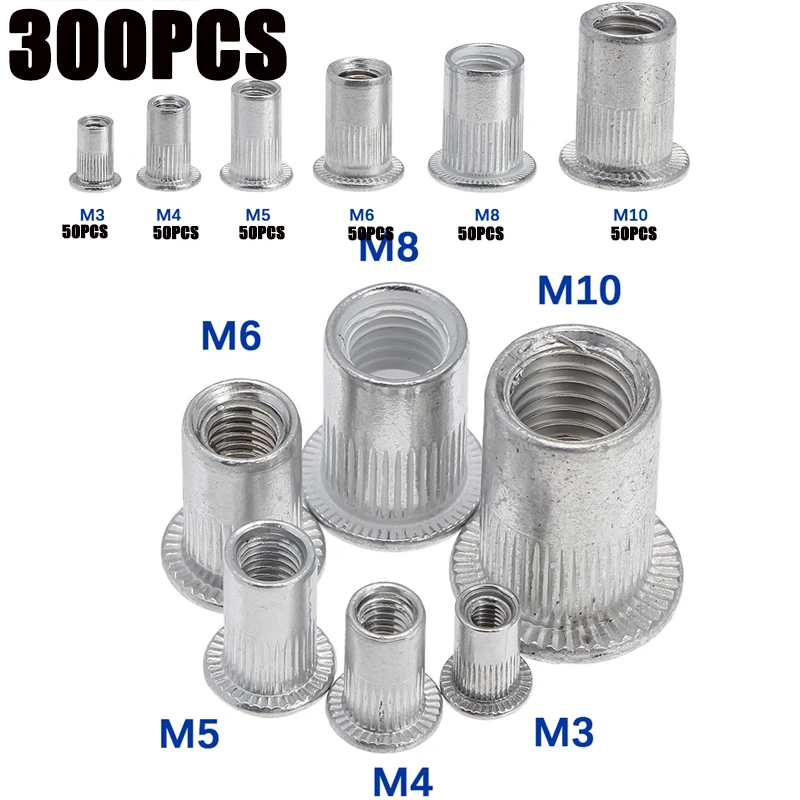 

300pcs Rivet Nuts Aluminum Rivetnuts Blind Set Nutserts Threaded Insert Nutsert Cap Flat Head Rivet Nuts M3 M4 M5 M6 M8 M10