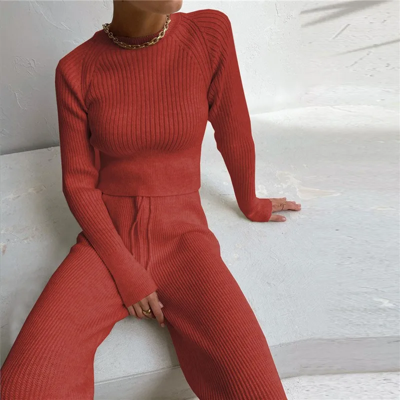 Women\'s Knitted Sweater Spring Autumn Two Piece Sets Casual Long Sleeve Round Neck Striped Suit Top+wide Leg Pants Outfits