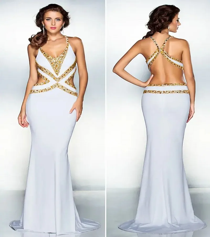 

Sexy Sparkle White Formal Evening Dress V Neck Backless Gold Beads Long Prom Party Gowns Robes De Soirée Vestidos