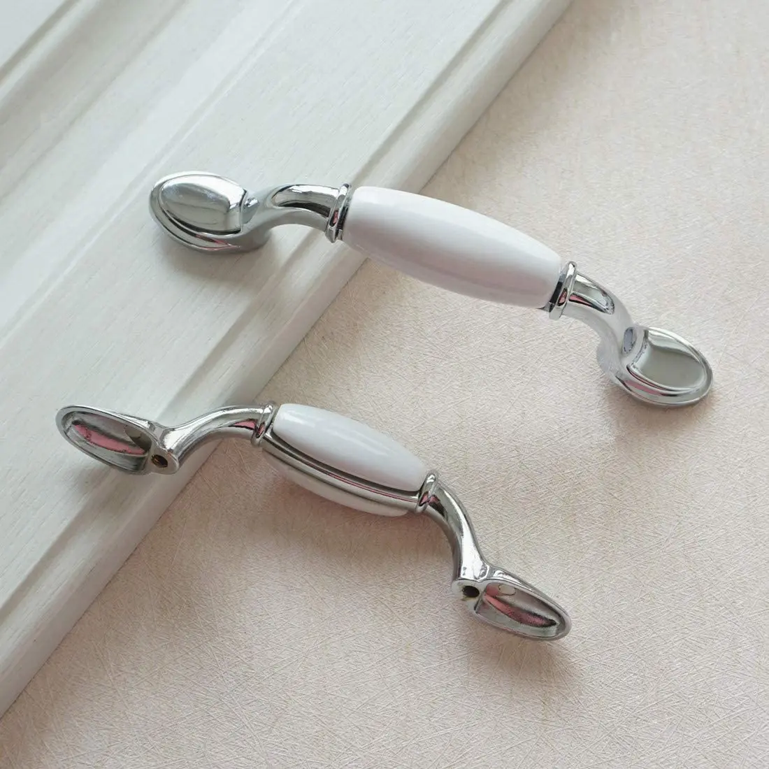 White Ceramic Cabinet Handles Modern Chrome Silver Wardrobe Pulls Round Cupboard Door Knobs Zinc Alloy Furniture Hardware