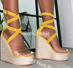 Newest Women Fashion Open Toe Suede Straps High Platform Straw Bottom Wedge Sandals Yellow Beige High Heel Wedges Summer Shoes