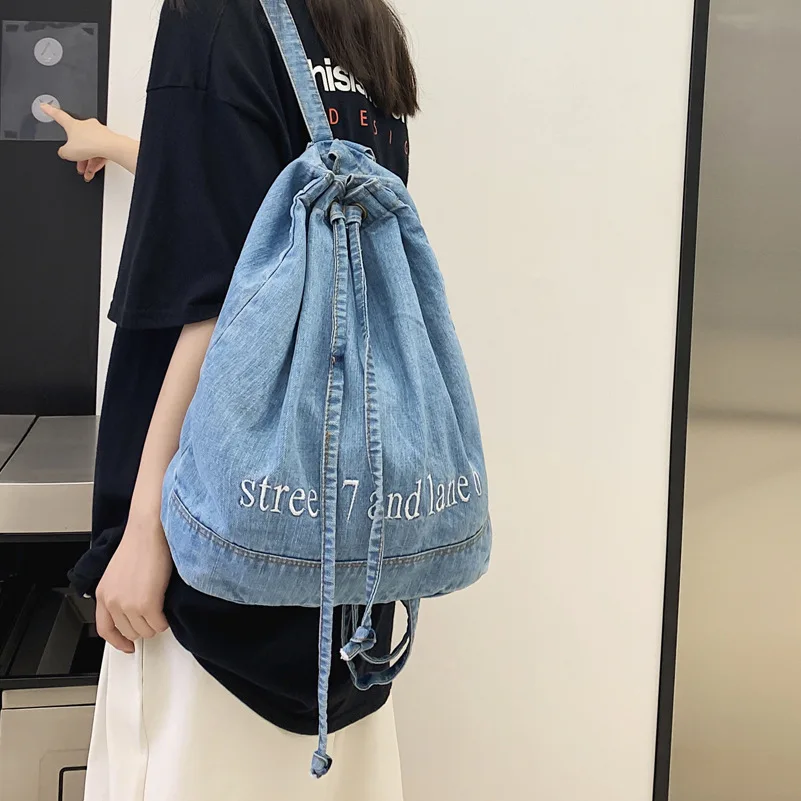 Denim Drawstring women Backpack Big Capacity Casual Cotton Women Backpacks Travel Shoulder Bags School bag Rucksac bagpack blue