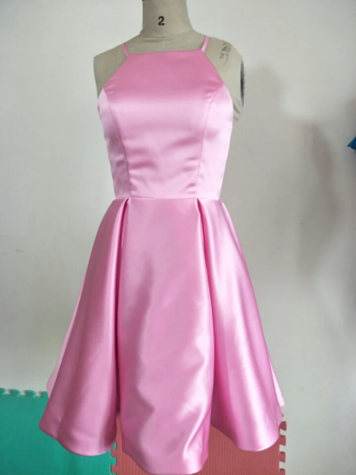 Customized Short Halter Satin Homecoming Dresses with Pockets A-Line Knee Length Graduation Dresses with Bowknot for Teens