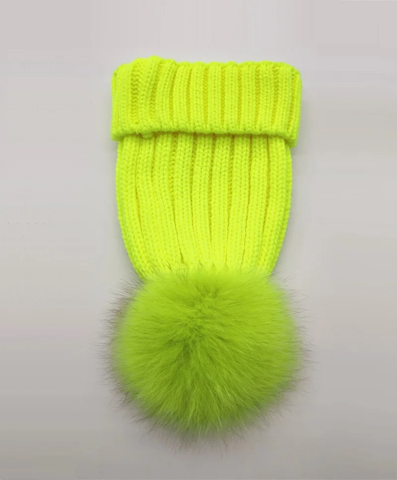 Kid Girl Baby Fluorescein Knitted Beanie Cap Women Man Casual Thick Warm Knitting Skullies Hat Real Fox Fur Pom pom Gorros