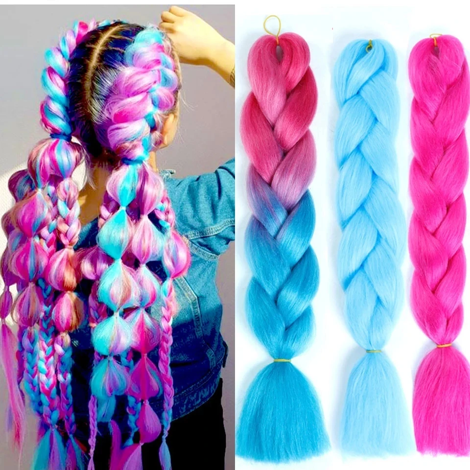Trecce sintetiche da 24 pollici trecce estensioni dei capelli Jumbo intrecciatura arcobaleno blu rosa bionda viola Ombre DreadLock treccia MUMUPI