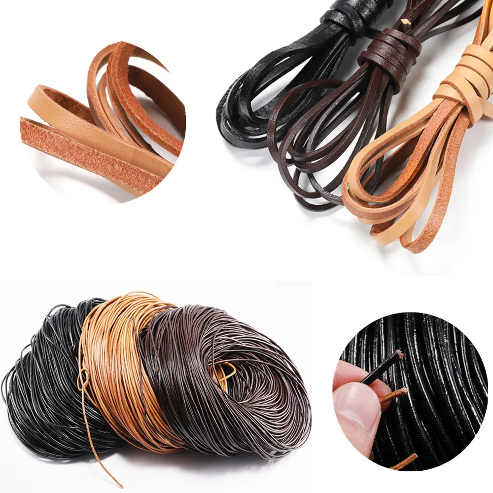 2/5 metrów prawdziwa skóra Retro przewód 1.5-10mm okrągły/płaski Strand krowa skórzana linka String Fit naszyjnik bransoletki DIY narzędzie jubilerskie
