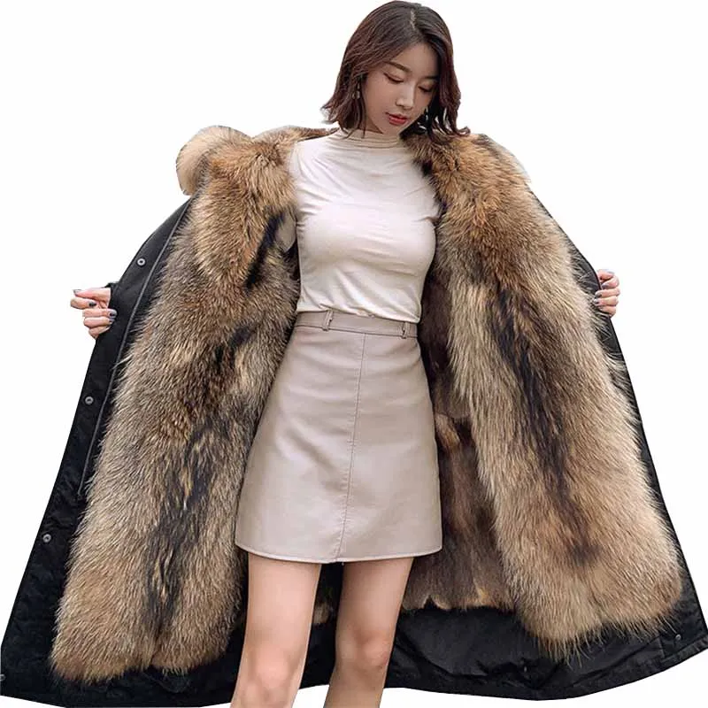 

2022 New Winter Parka Women's Removable Raccoon Fur Liner Thicken Faux Fur Coat Big Fur Collar Hooded Outwear Long Parker KW291