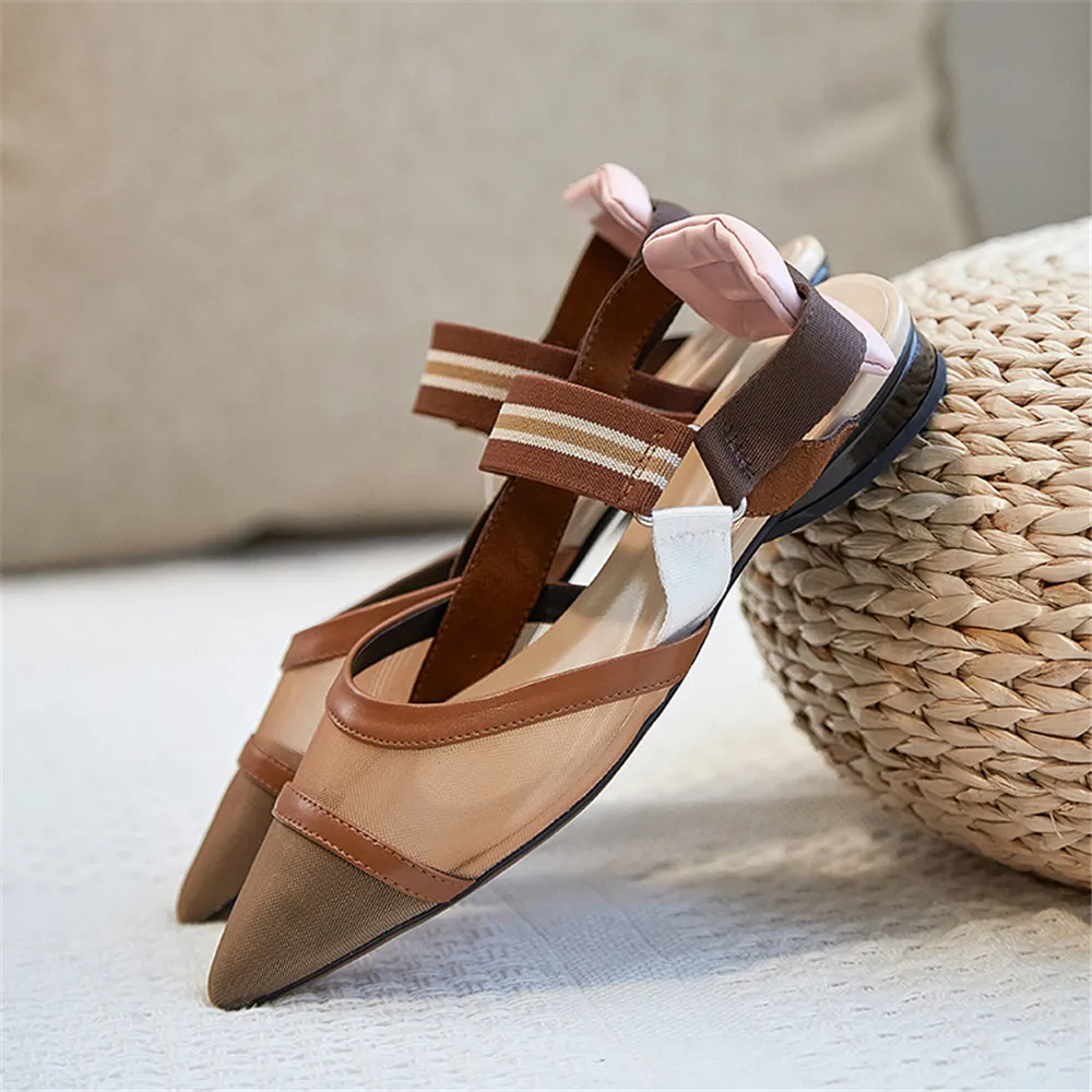 Fashion Women Flats Genuine Leather Mesh Elastic Band Comfortable Low Heels Pointed Toe SlingBacks Spring/Summer Shoes For Lady