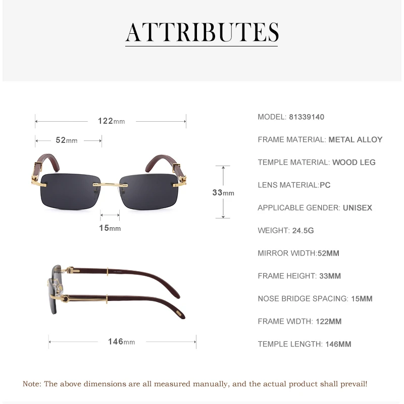 Natural Wooden Rimless Sunglasses Men 2024 Luxury Brand Designer Classic Rectangle Frameless Wood Sun Glasses for Male UV400