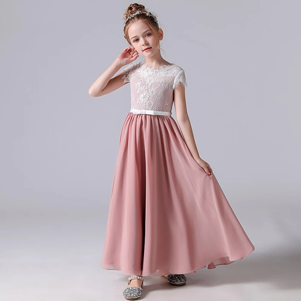 Dideyttawl Pink Long Lace Junior Bridesmaid Dress Short Sleeves Flower Girl Dresses Chiffon Girls Formal Birthday Party Gowns