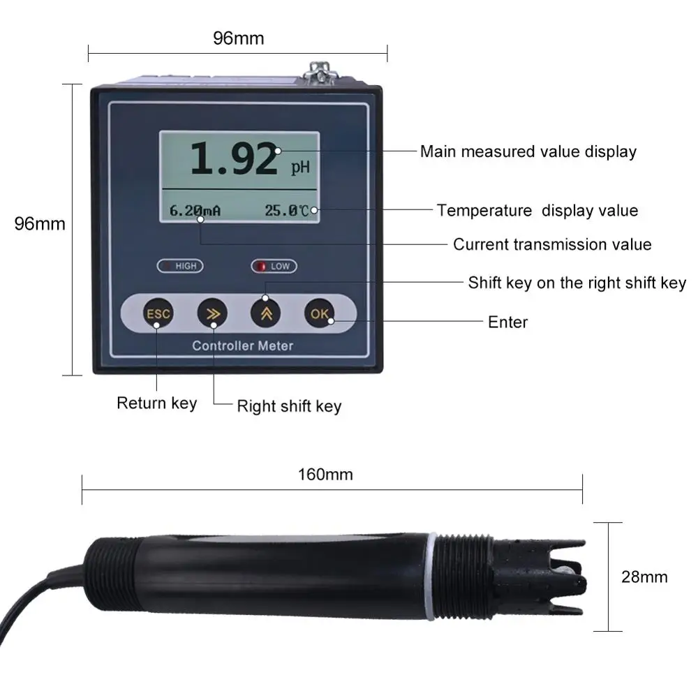 Online Industrial PH Controller ORP Meter Monitor Digital 0.02pH 1mV Upper Lower Limit Control Alarm pH Tester