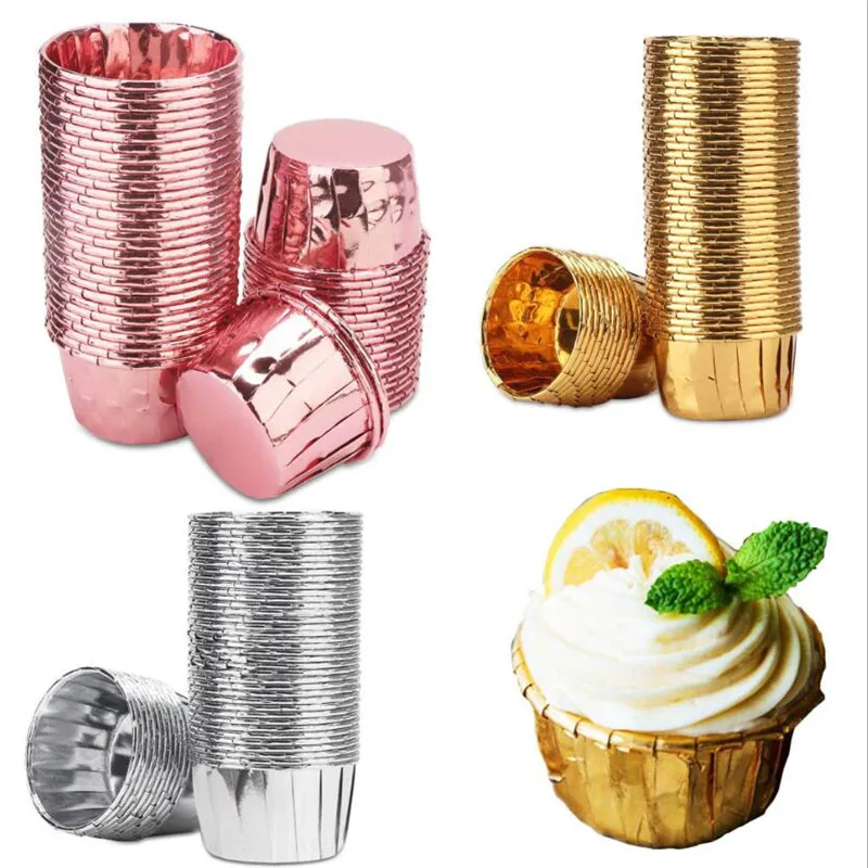 50 unidades de vasos de papel para magdalenas y muffins de papel de aluminio, revestimiento para magdalenas dorado y plateado, bandeja para hornear, estuches para tarjetas de boda, envoltorio para magdalenas