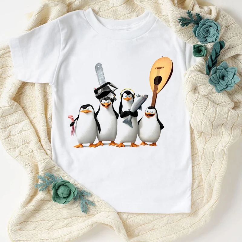 Newly Boys T-Shirt Cute Penguin Cartoon Print Funny Kids Clothes Summer Fashion Girls T Shirt White Clothes Tops Wholesale