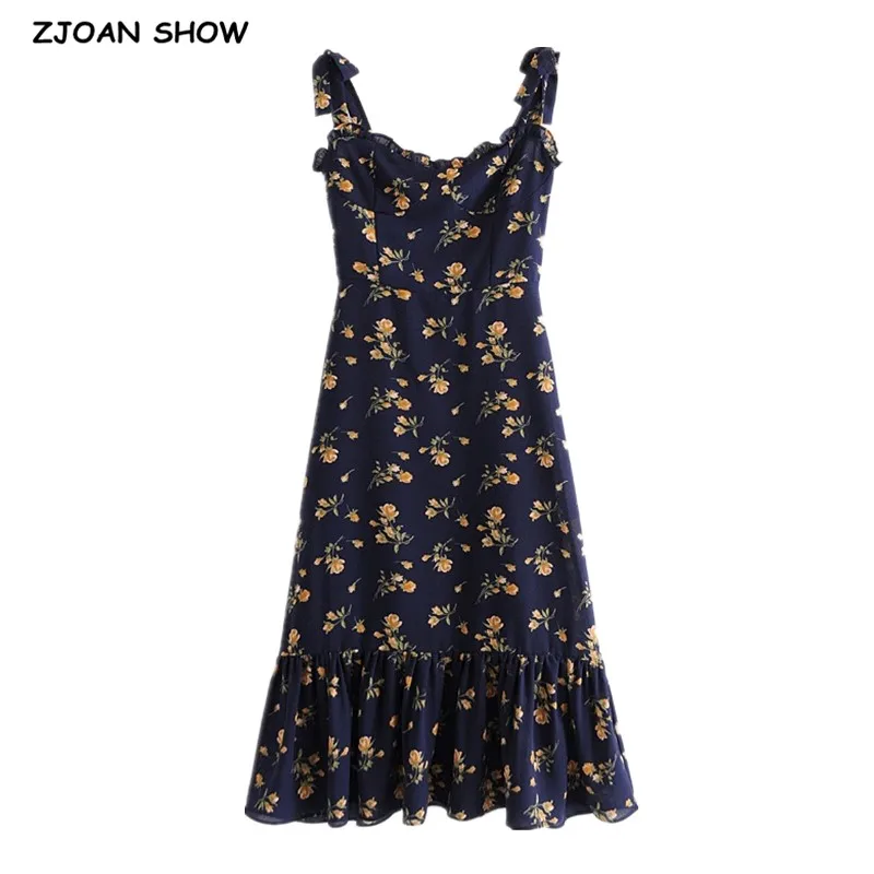 Vintage French Floral Print Bandage Spaghetti Strap Ruffles Hem Midi Dress Retro Women Tie Bow Sling Dresses Holiday