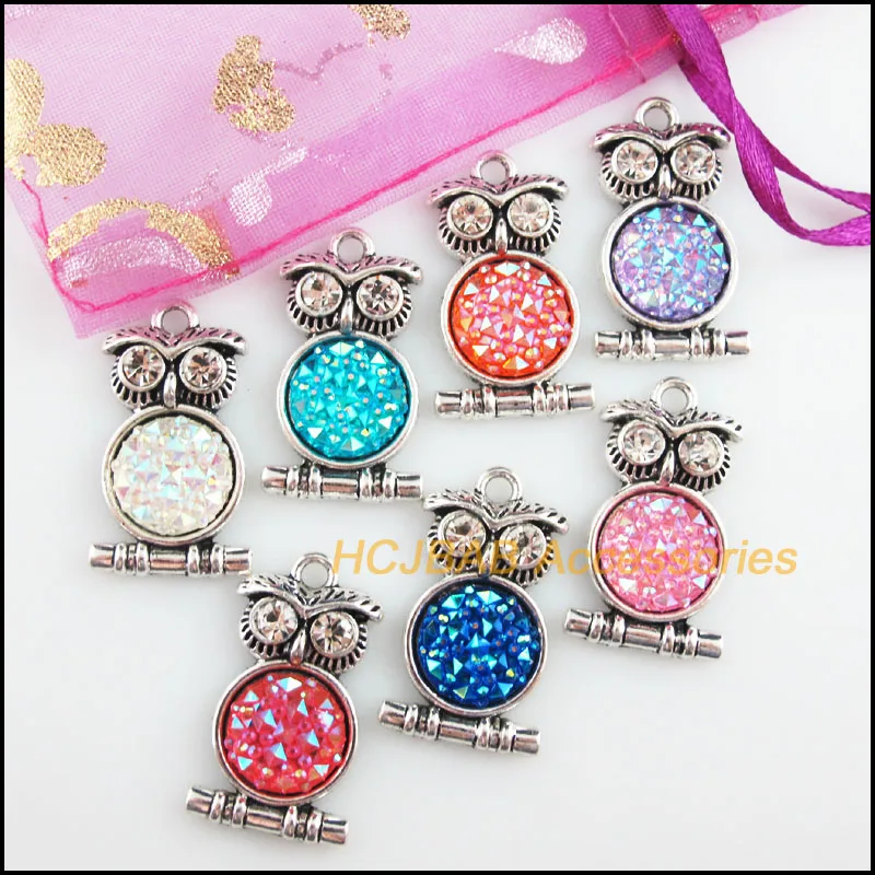 7 New Animal Owl Charms Tibetan Silver Tone Retro Mixed Resin Pendants 16.5x28.5mm