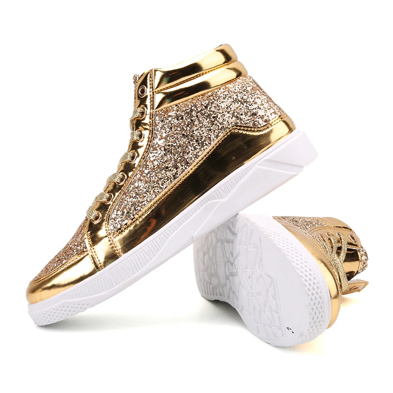 High Top Sneakers 2024 Cool Men Shoes Gold Glitter Fashion Sneakers Lace Up Platform Flats Gold Shoes Man Sequins Men\'s Trainers