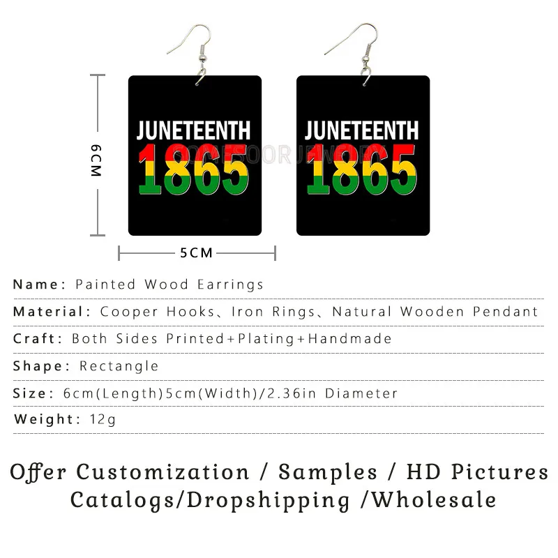 SOMESOOR 2021 New Pattern Juneteenth The Real Independence Day Rectangle Wood Both Sides Print Drop Dangle Earrings For Women