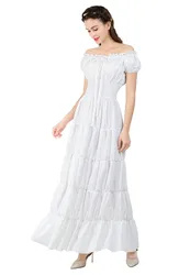 Women Renaissance Costume Medieval Vintage Dress for Women Party Wedding Short Sleeves Off Shoulder Waist Retro Pleated