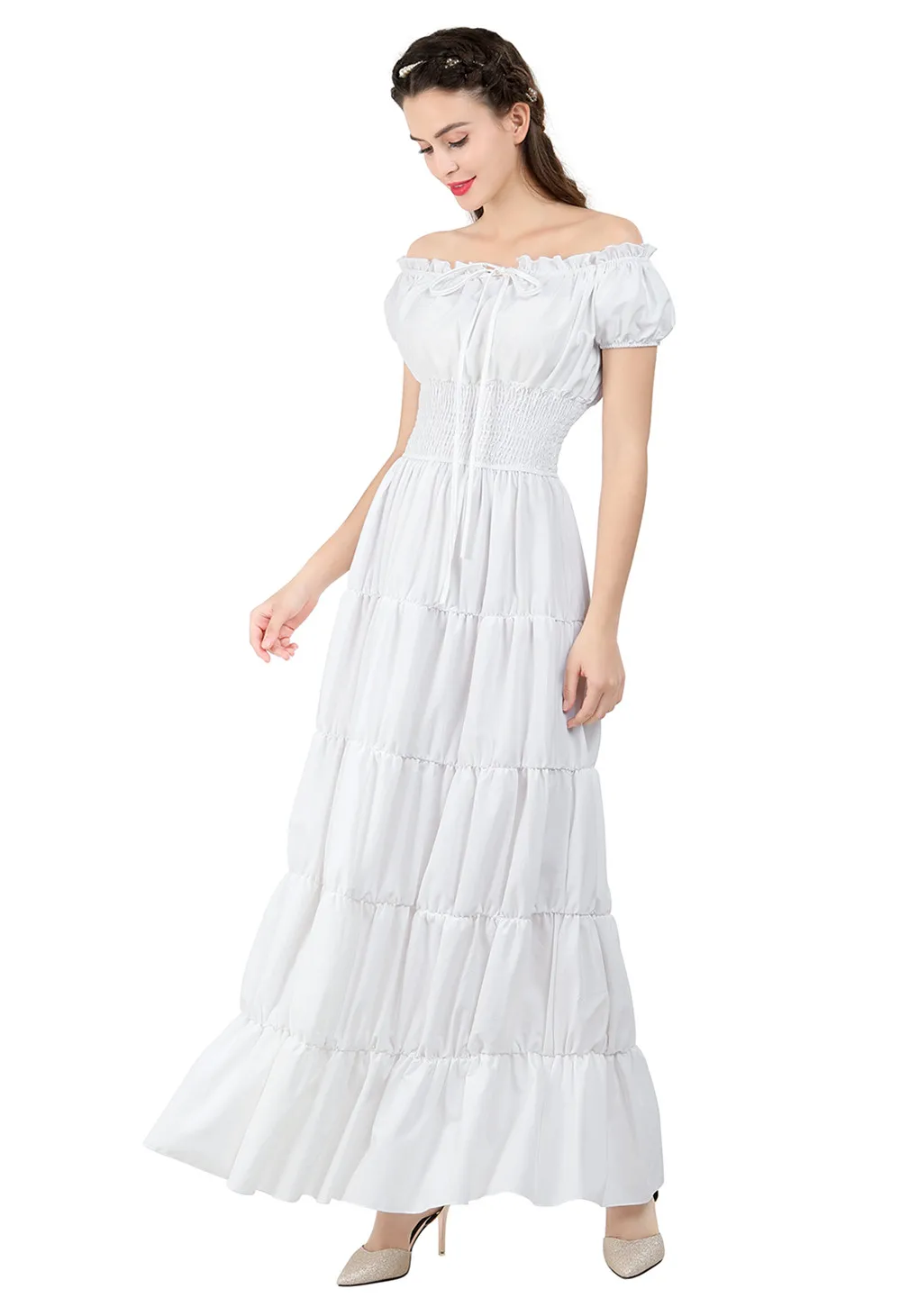 Women Renaissance Costume Medieval Vintage Dress for Women Party Wedding Short Sleeves Off Shoulder Waist Retro Pleated