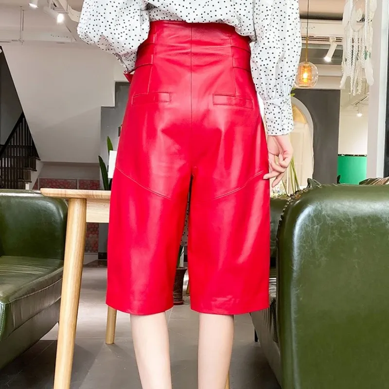 Hip Hop Women Casual High Waist Knee Length Straight Loose Fit Shorts High Quality Sheepskin Genuine Leather Shorts Streetear