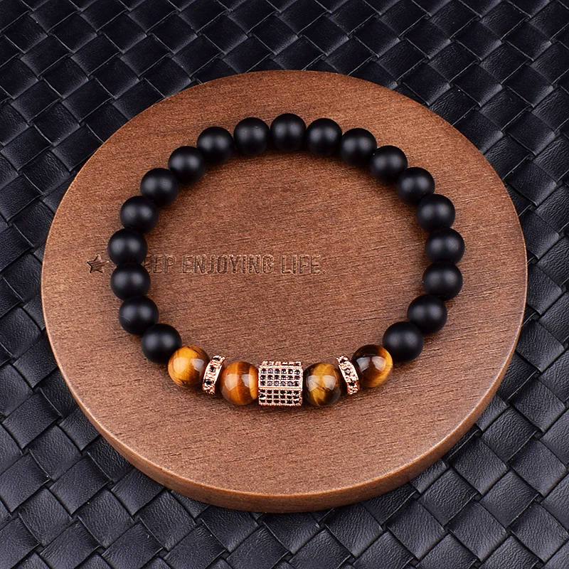 Natuur Matte Onyx Tijgeroog Steen Armbanden Mannen Mode Kubieke Zirkoon Charm Armbanden Voor Vrouwen Healing Soul Elastische Sieraden Gift