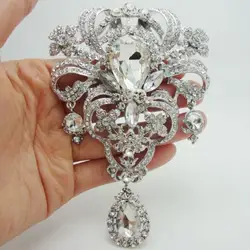 Spilla a forma di fiore grande per le donne spilla di zirconi di cristallo Color argento di lusso accessori da sposa da sposa di moda