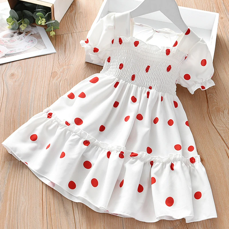 2021 New Baby Summer Dresses Girls Sweet Lace Chiffon Polka Dot Dress Little Girl Chiffon Short Sleeve Dress For Kids Clothes