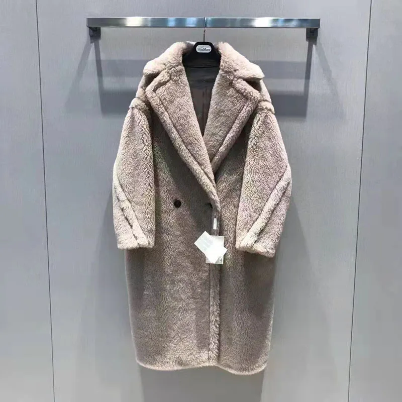 Casaco feminino casaco de inverno urso de pelúcia estilo real lã de ovelha jaqueta turn-down colarinho longo comprimento grosso quente roupas