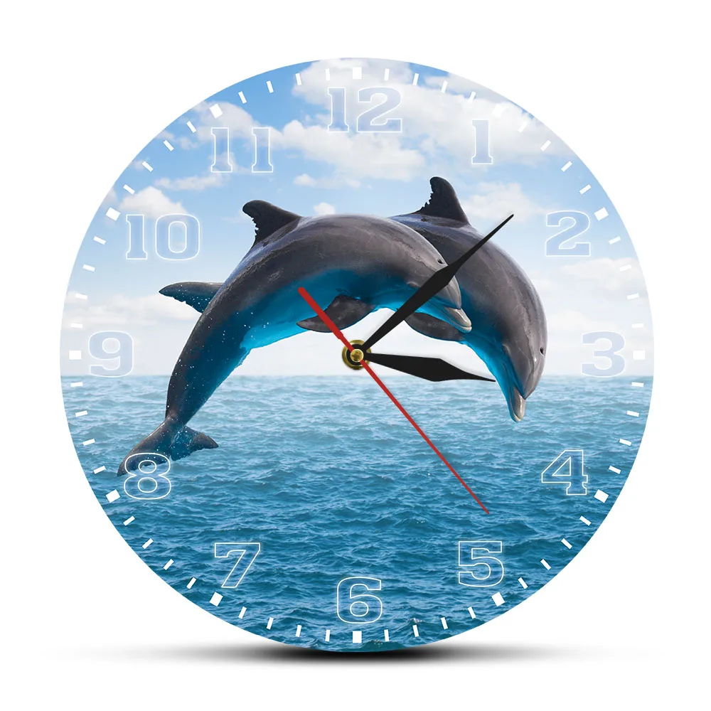 Two Jumping Dolphins Seascape Blue Wall Clock Deep Ocean Waters With Porpoise Silent Movement Wall Watch Sea Animals Wall Art