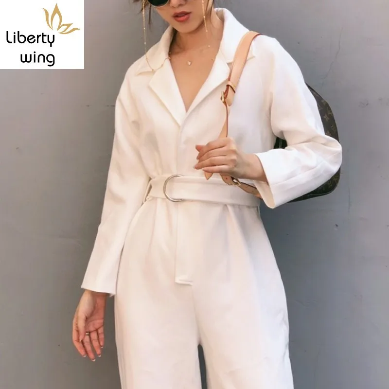 Brand Runway Women Woolen Blends Jumpsuits Elegant High Waist Sashes Full Length Jumpsuit Female White Loose One Piece Outfit