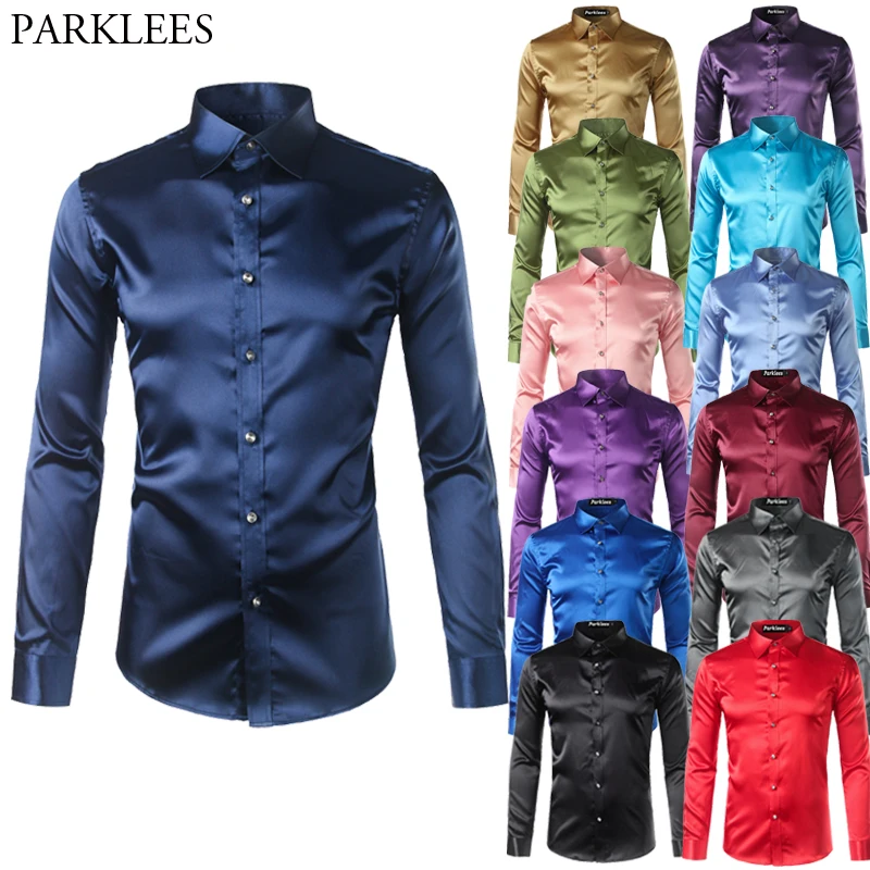 High Quality Silk Satin Shirt Men Chemise Homme 2023 Casual Long Sleeve Slim Fit Mens Dress Shirts Business Wedding Male Shirt