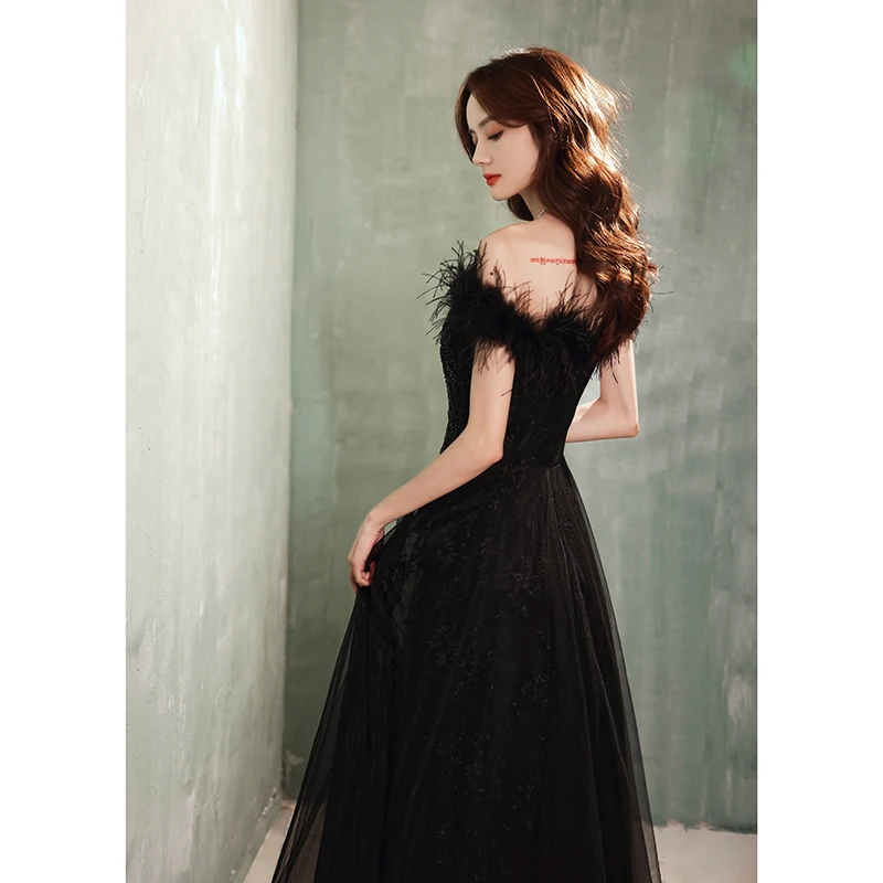 Off The Shoulder Evening Dress New Black Feather Mesh Slim Banquet Party Dress Elegant Long Formal Gowns Robe De Soiree