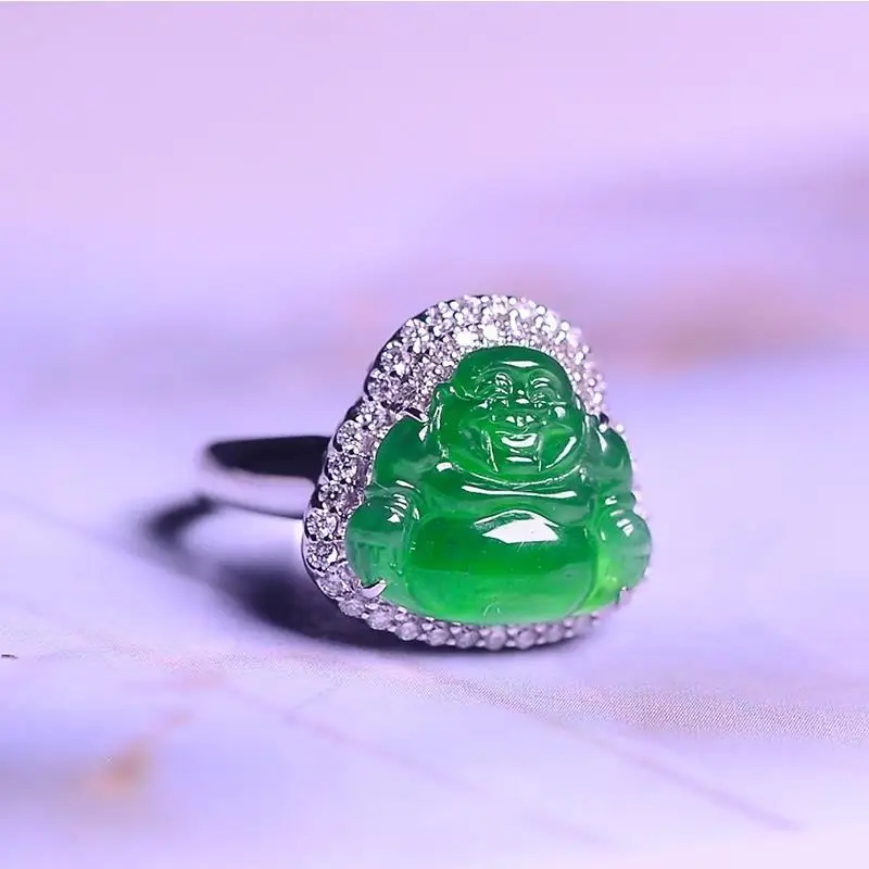 Inlaid crystal natural ice seed Hetian chalcedony green geometric opening adjustable ring temperament retro ladies jewelry