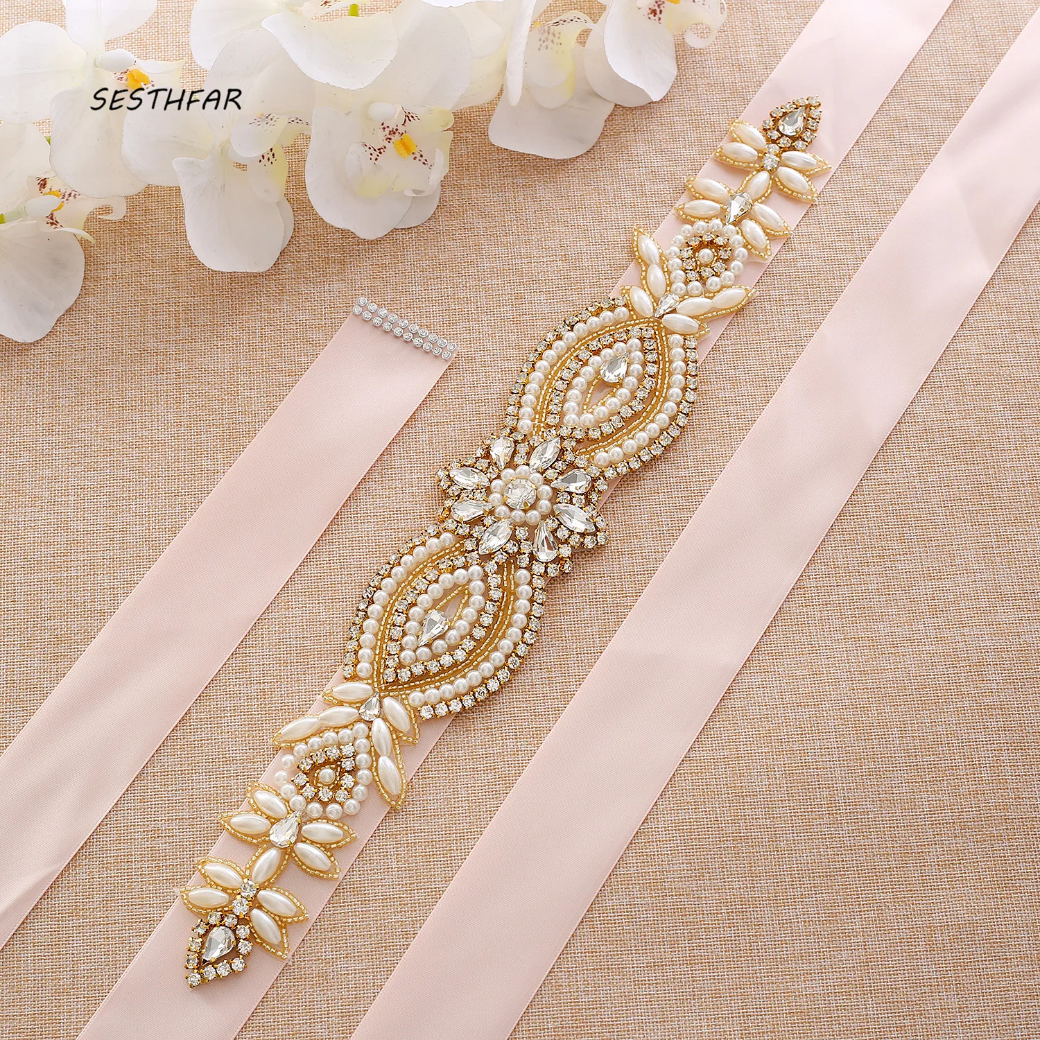 SESTHFAR Gold Crystal Wedding Sash Rhinestones Wedding Belt Handmade Pearls Bridal Belt For Bridal Bridesmaid Dresses