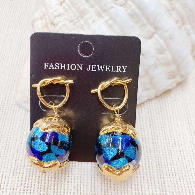 

ZLH Blue Coloured glaze Earring Woman 2020 New Earring 24K Gold Shiny Bead For Lady 3pairs Factory Wholesale Earring