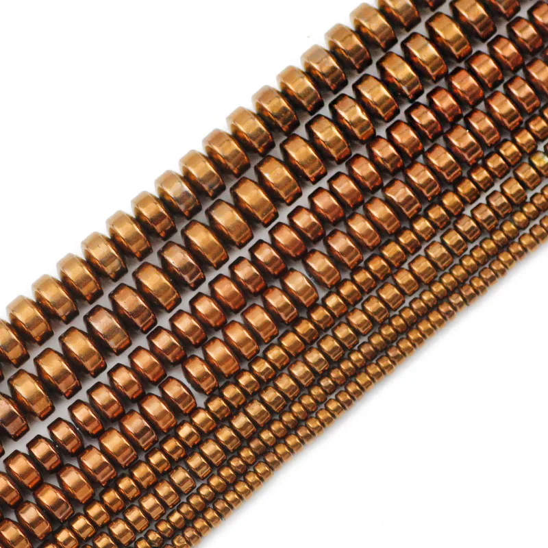 فواصل حجرية مستديرة من الهيماتيت الطبيعي لصنع الحلي ، حبات سائبة ، أسطوانة مسطحة ، نحاسي أحمر ، إكسسوارات أساور تصنعها بنفسك ، 3 تقسم ، 4 ، 6 ، 8 #5