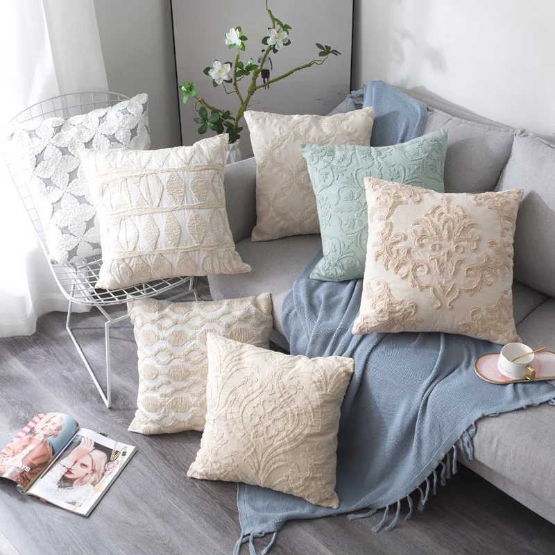 Beige Rope Thread Embroidery Cushion Cover Home Decoration Cotton Linen Boho Style Ethnic Pillow Cover 50X50cm Pillowcase