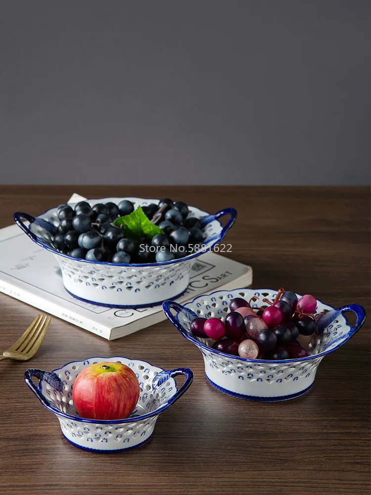 

Home Ceramic Bowl Blue and White Porcelain Bowl Openwork Ceramic Plate Tea Table Vegetable Fruit Basket Kitchen Storage Supplies