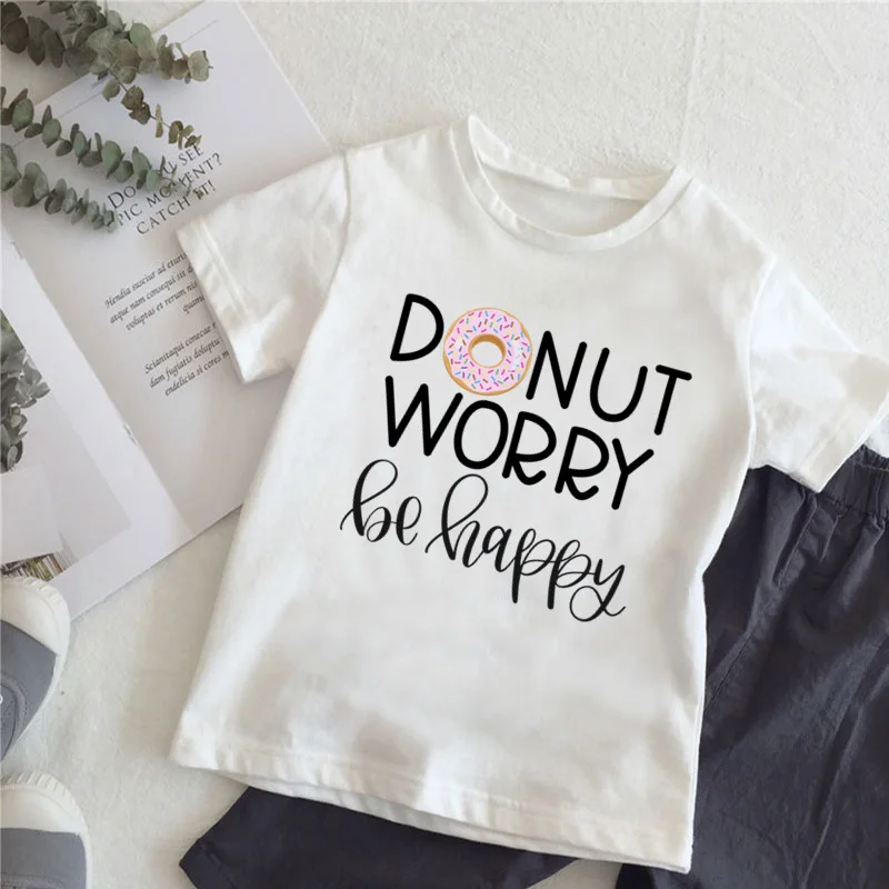 Donut Worry Be Happy Print T shirt For Girls Cartoon Funny Kids Tops Summer Baby Boys Clothes Cute Children T-shirt,HKP5386