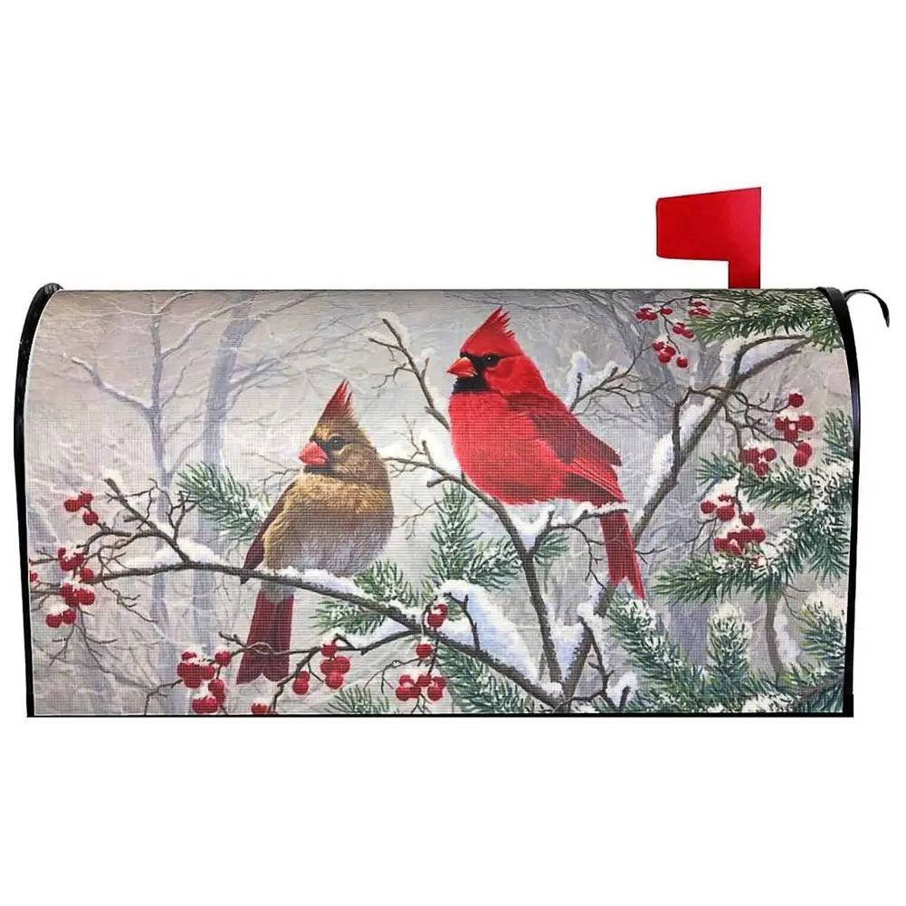 

Winter Magnetic Mailbox Cover Cardinals Bird Holly Berry Branches Mailbox Wraps Post Letter Box Cover Waterproof Christmas Decor