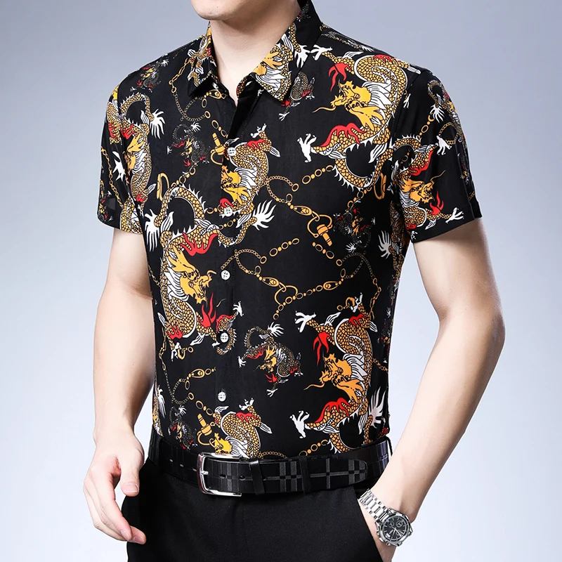 Summer Casual Man Dragon พิมพ์เสื้อแฟชั่น Lapel เสื้อบุรุษ Streetwear แขนสั้นพิมพ์เสื้อ