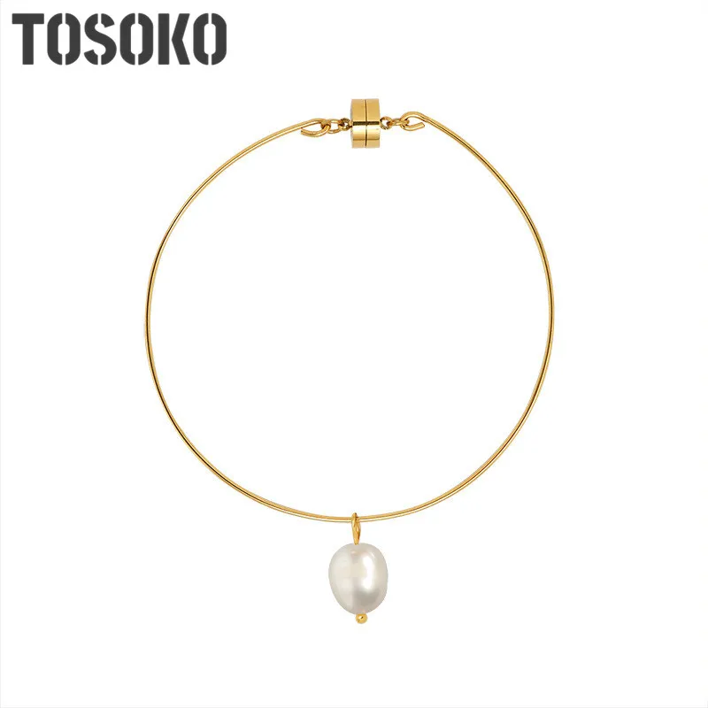 

TOSOKO Stainless Steel Jewelry Plain Circle Magnet Freshwater Pearl Bracelet Simple Women's Bracelet BSZ208