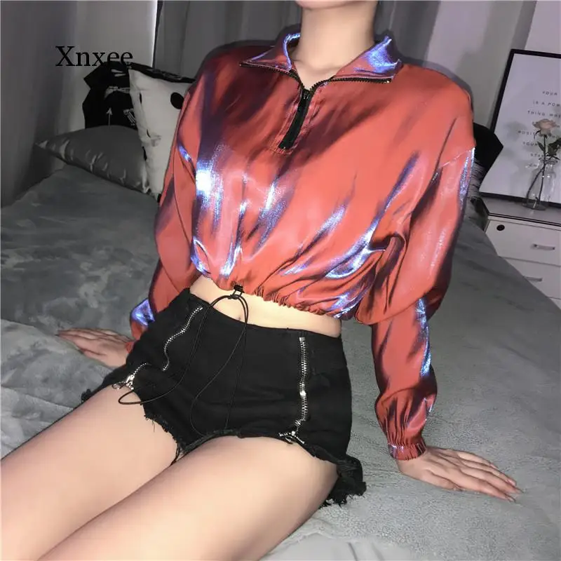 

Korean Streetwear Cropped Sweatshirt Women Glitter Zipper Turtleneck Long Sleeve Hip Hop Crop Top Sweatshirt Streetwear brown