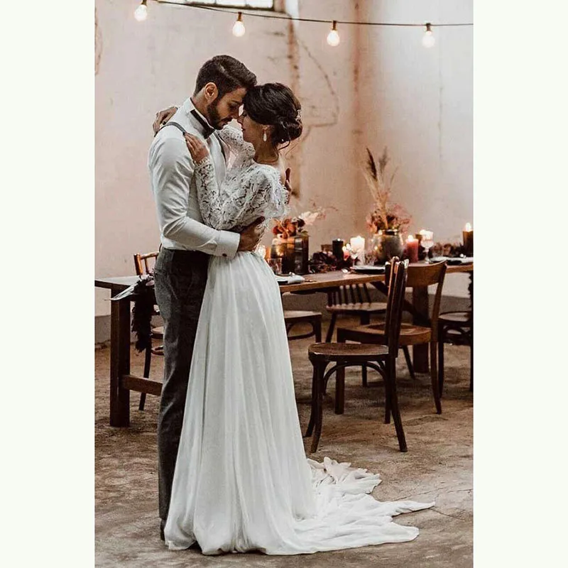 Moderno Sexy Due Pezzi In Pizzo A Manica Lunga Da Sposa Abiti Da Sposa di Nuovo Fuori Bateau Neck Abiti Da Sposa per la Sposa Boho Su vendita